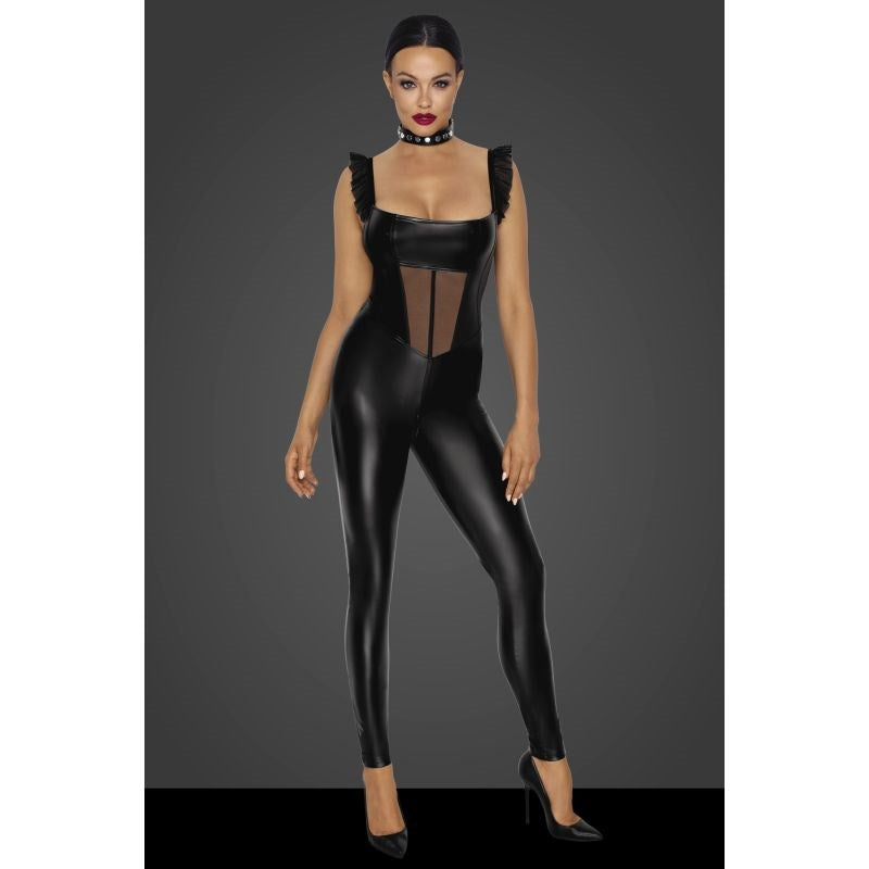 Noir Handmade Power Wetlook Overall Women Dress With Tulle Panel Black - Her Fetish