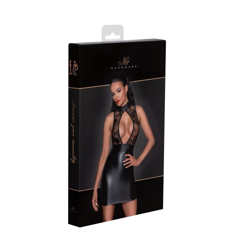 Noir Handmade Power Wetlook Short Dress With Skirt and Tulle Top Black - Her Fetish