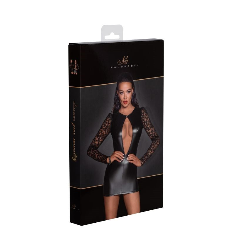Noir Handmade Power Wetlook Women Short Dress With Lace Sleeves Black - Her Fetish