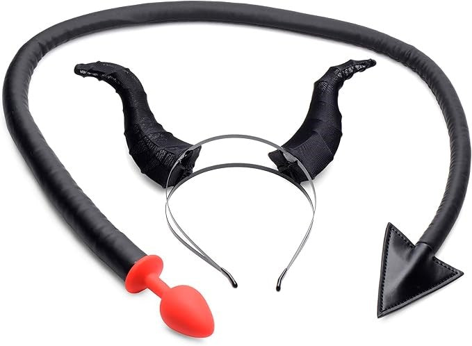 Tailz Devil Tail Anal Plug and Horn Set Black - Butt Plugs