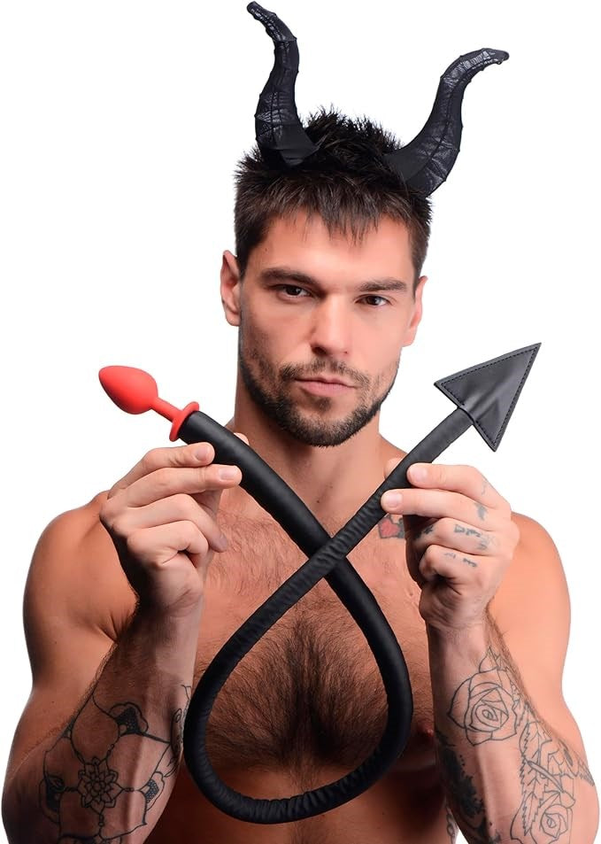 Tailz Devil Tail Anal Plug and Horn Set Black - Butt Plugs
