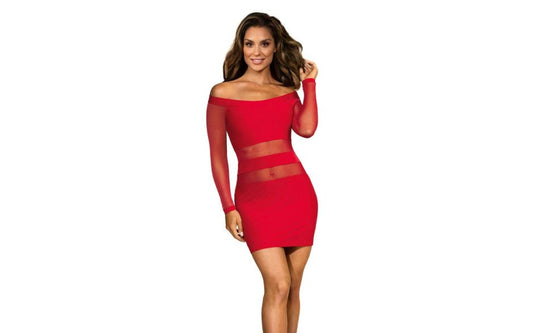 Axami Lingerie Off The Shoulder Mesh Panel Women Sexy Dress Red