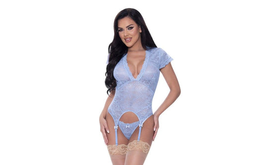 Exposed Lingerie Cap Sleeve Basque and Thong Set Blue