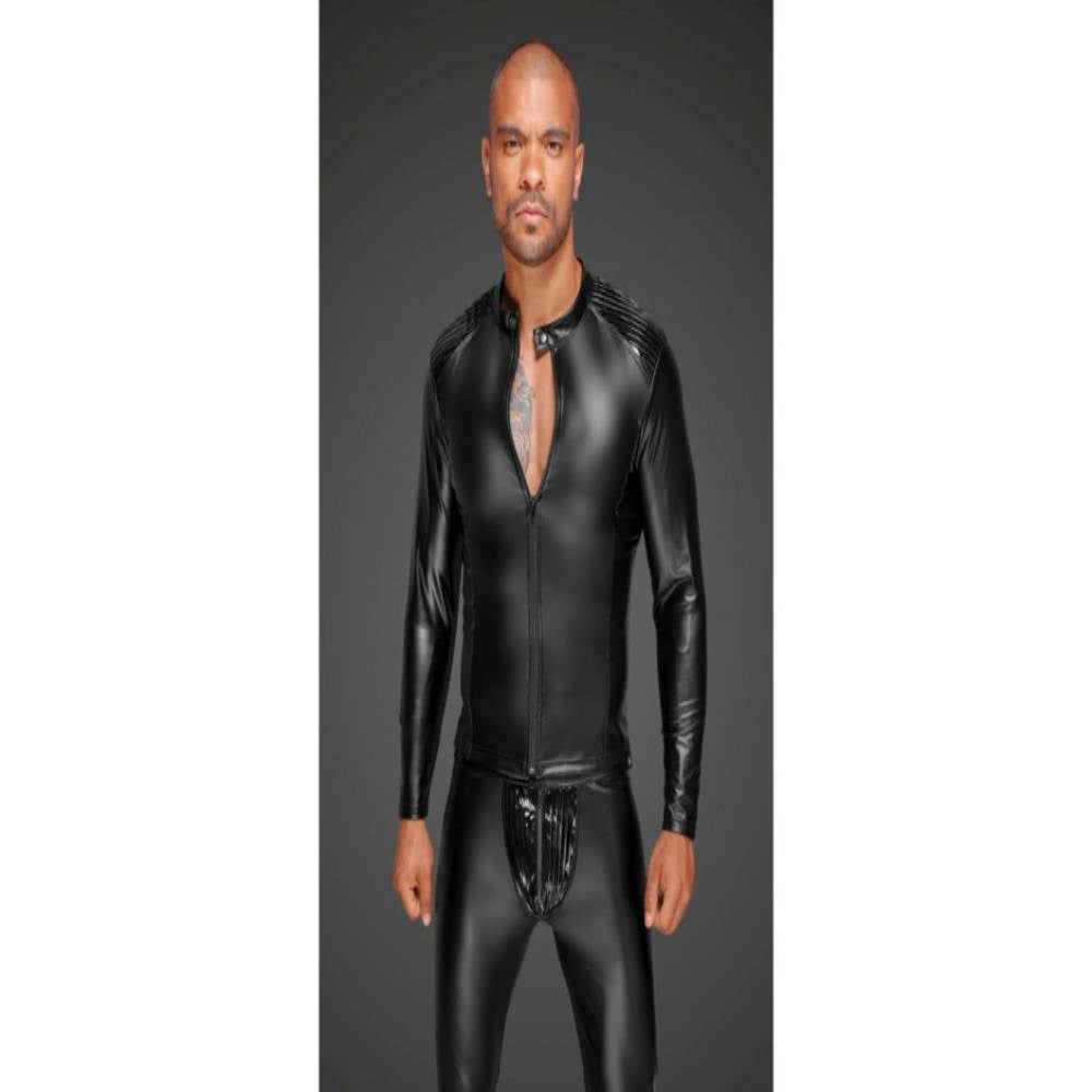 Noir Handmade Power Wetlook Mens Jacket With Pleated PVC Epaulets - His Fetish
