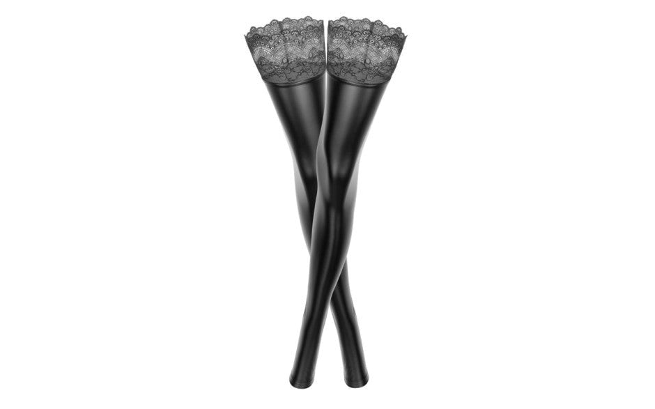 Noir Handmade Power Wetlook Womens Stockings With Siliconed Lace - Her Fetish