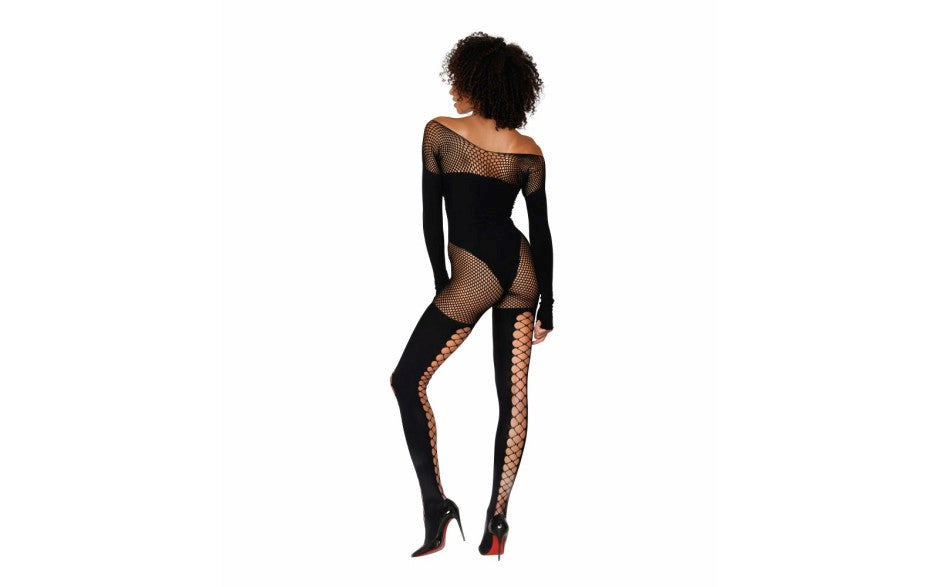 Dreamgirl Lingerie Seamless Opaque & Fishnet Bodystocking Black - Body Stockings