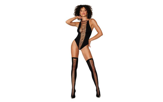 Dreamgirl Lingerie Opaque Seamless Criss-Cross Teddy With Matching Stockings Set