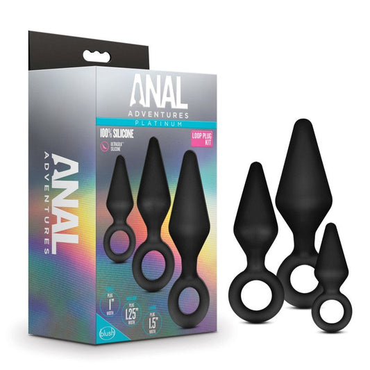 Blush Novelties Anal Adventures Platinum Loop Butt Plug Kit 3 Sizes Black
