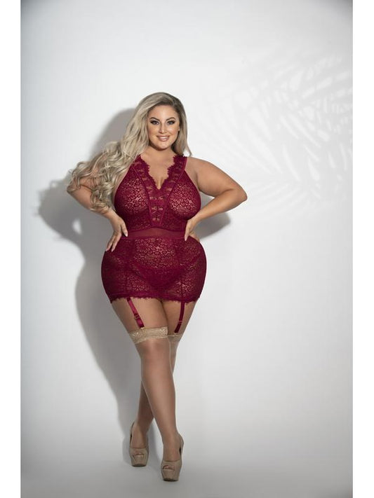 Seven Til Midnight Two Piece Eyelash and Floral Lace Chemise And G-String Set Wine
