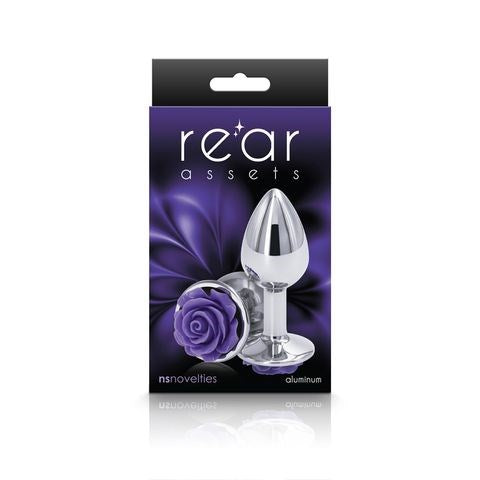 NS Novelties Rear Assets Rose Metal Butt Plug With Purple Rose Base Small - Butt Plugs