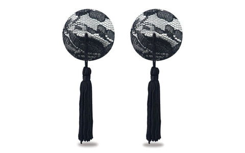 Reusable Black Lace Round Tassel Nipple Pasties by Lovetoy - Breast and Nipple Toys