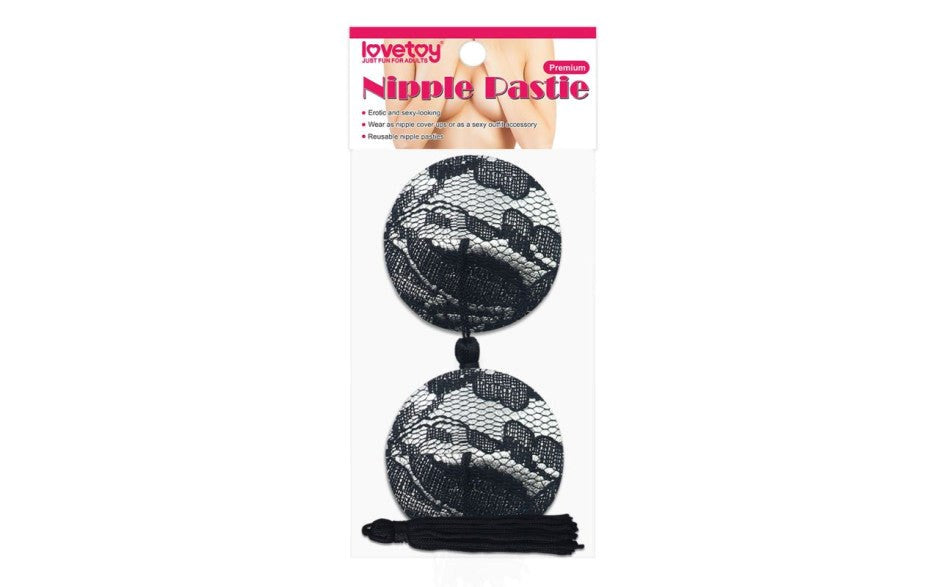 Lovetoy Reusable Black Lace Round Tassel Nipple Pasties - Breast and Nipple Toys