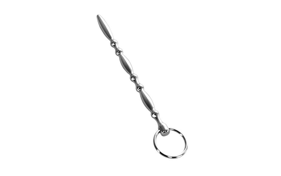 Metal Silver Metal Beaded Urethral Plug With Cock Ring - Urethral Sounds