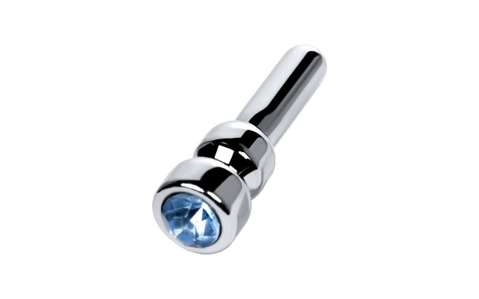 Metal Silver Metal Urethral Plug With Sapphire Rhinestone Small - Urethral Sounds