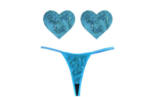 Neva Nude Mahi Mahi Blue Sequin G String & Heart Shapes Pastie Set