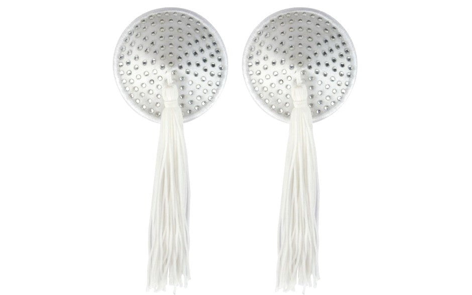 Peekaboo White Satin With White Stone & Tassel Pasties White - Fancy Dress Ups