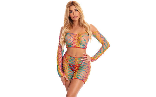 Pink Lipstick Pot of Gold 2 Piece Fishnet Skirt Set One Size Rainbow