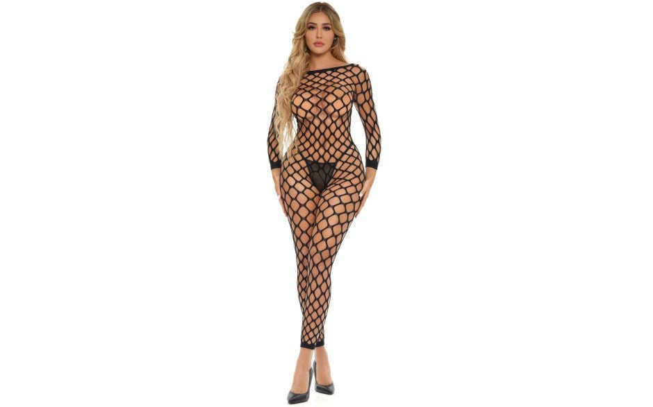 Pink Lipstick Swipe Right Crotchless Womens Bodystocking One Size Black - Body Stockings