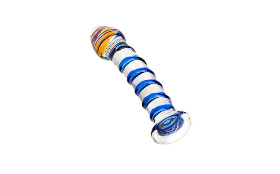 Sexus Unisex Glass Dildo With Suction Cup Blue Swirls 18cm - Glass Sex Toys
