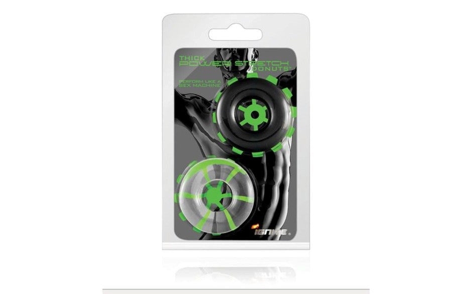 SI Novelties 2 Piece Thick Power Stretch Donuts Cock Ring Black & Clear - Cock Ring Sets