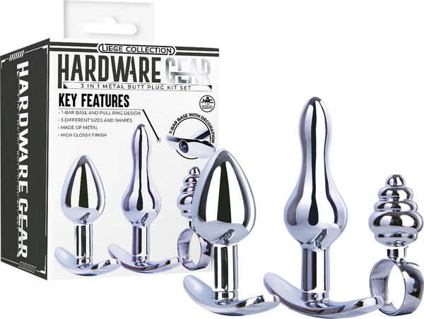 Hardware Gear T Bar Base 3 In 1 Metal Butt Plug Kit Set Chrome - Butt Plugs