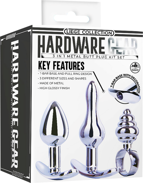 Hardware Gear T Bar Base 3 In 1 Metal Butt Plug Kit Set Chrome - Butt Plugs