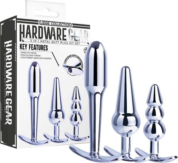 Hardware Gear 3 In 1 Metal Butt Plug Kit Set With Pull Ring Design Chrome - Butt Plugs