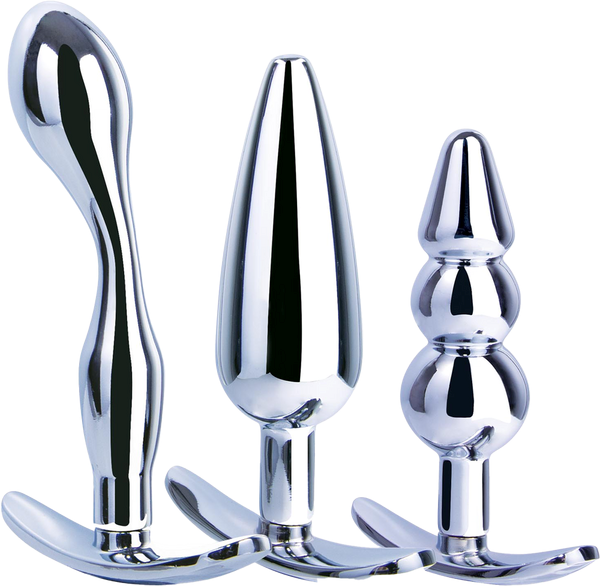 Hardware Gear 3 in 1 High Glossy Finish Metal Butt Plug Kit Set Chrome - Butt Plugs
