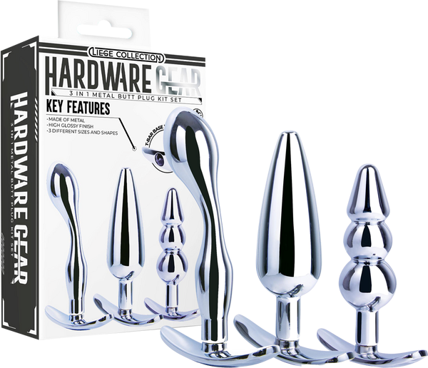 Hardware Gear 3 in 1 High Glossy Finish Metal Butt Plug Kit Set Chrome - Butt Plugs
