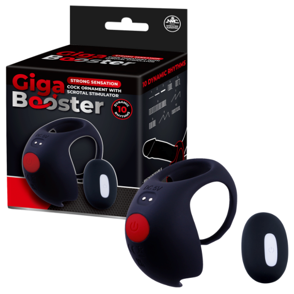 Giga Booster Rechargeable Cock Ornament with Scrotal Stimulator Black - Vibrating Cock Rings