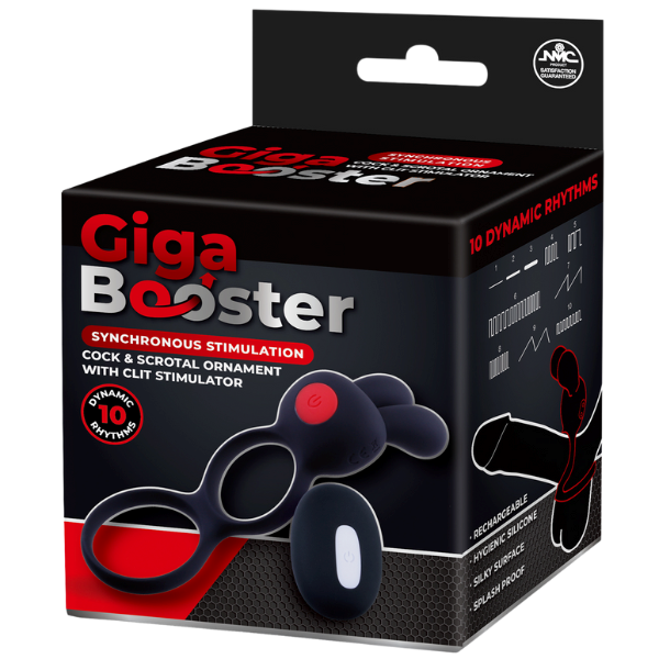 Giga Booster Cock & Scrotal Ornament With Clit Stimulator Black - Vibrating Cock Rings