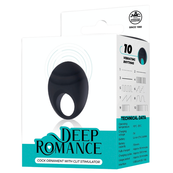 Deep Romance 10 Function Cock Ornament With Clit Stimulator Black - Vibrating Cock Rings