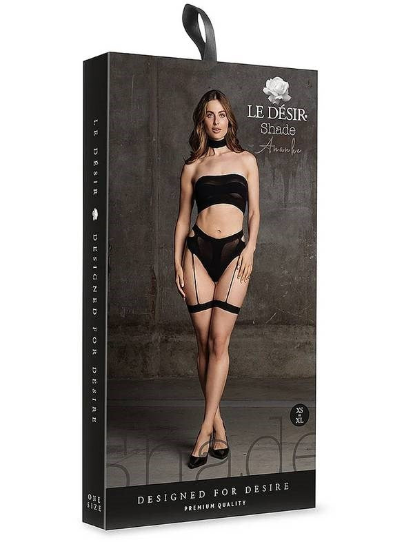Le Desir Shade Ananke XII Three Piece Bandeau Top and Pantie with Garters Black - Bras and Bra Sets