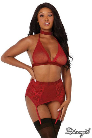Fishnet and Lace Bra Garter Belt and G-String Set - Bras and Bra Sets