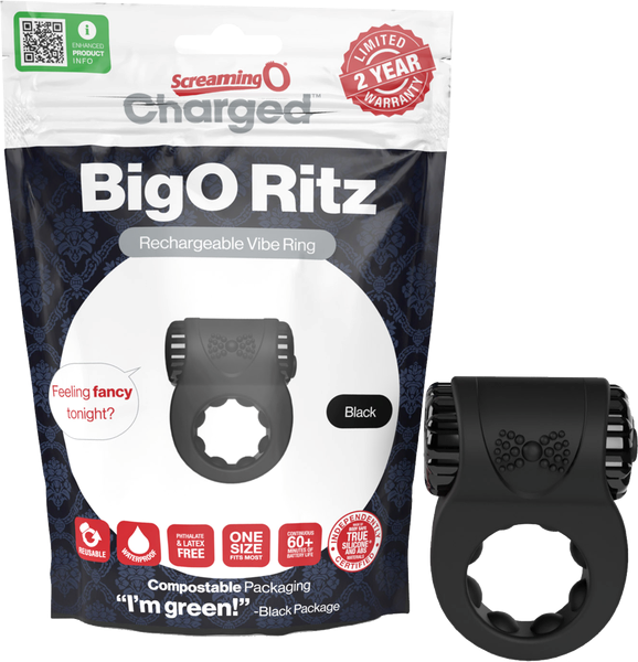 Charged BigO Ritz Rechargeable Vibrating Mens Cock Ring Black - Vibrating Cock Rings