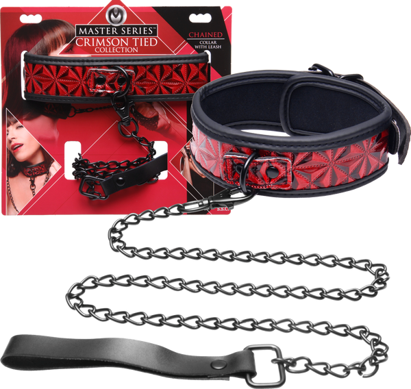 Master Series Crimson Tied Bondage Collar With Leash - Collars and Leads