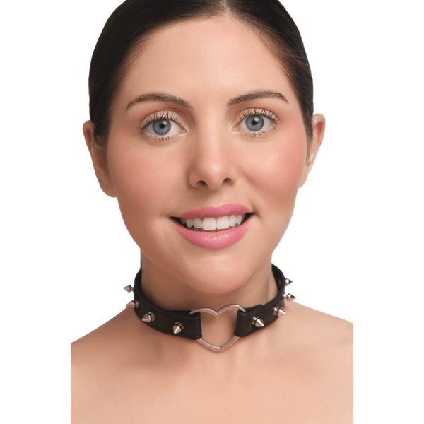Master Series Spiked Heart Bondage Choker Black - Collars and Leads