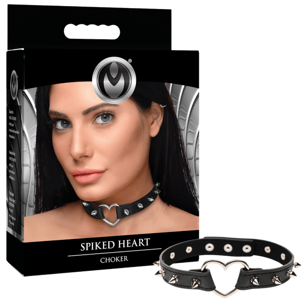 Master Series Spiked Heart Bondage Choker Black - Collars and Leads