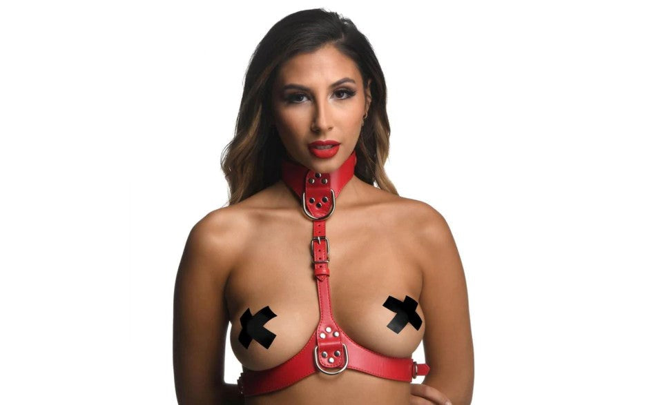 Strict Vegan Leather Female Chest Harness Red - Cuffs And Restraints