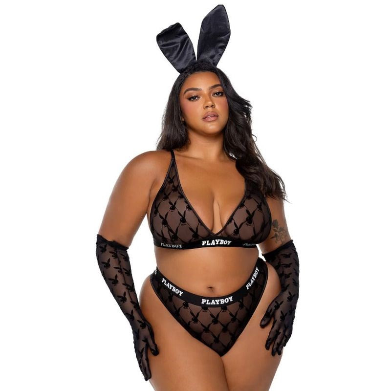 Playboy Flocked Bunny 2 Piece Lingerie Set Black - Bras and Bra Sets