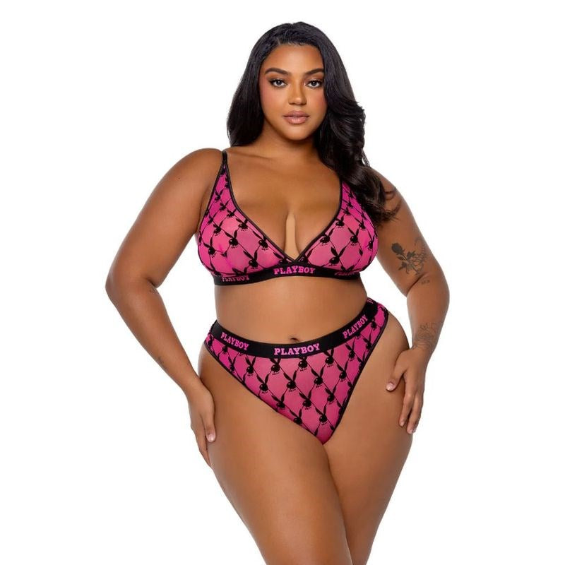 Playboy Flocked Bunny 2 Piece Sexy Lingerie Set Pink - Bras and Bra Sets