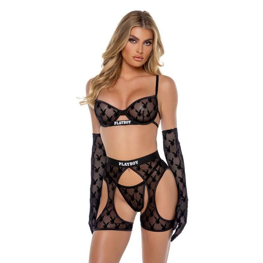 Playboy Flocked Bunny Chaps Bra Set by Playboy Lingerie - Bras and Bra Sets
