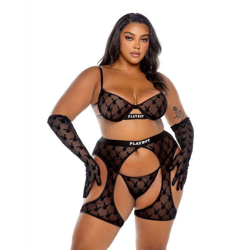 Playboy Flocked Bunny Chaps 3 Piece Lingerie Set Black - Bras and Bra Sets