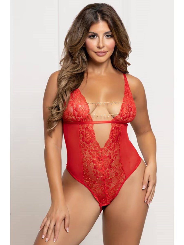 Seven 'til Midnight Mesh Teddy with Open Crotch Red - Teddies and Bodysuits