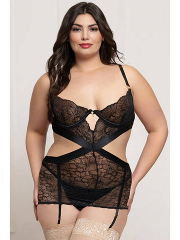 2 Piece Lace And Satin Chemise Set Black - BabyDolls And Chemises