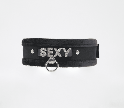 Diamante Sexy Fluffy Bondage Collar by Love In Leather - Collars and Leads
