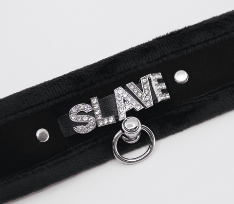 Diamante Slave Fluffy Fetish Collar by Love In Leather - Collars and Leads