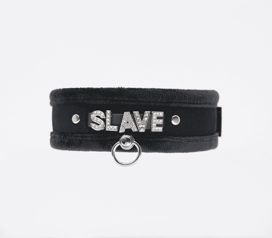 Love In Leather Diamante Slave Fluffy Fetish Collar