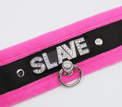 Diamante Slave Fluffy Fetish Collar by Love In Leather - Collars and Leads