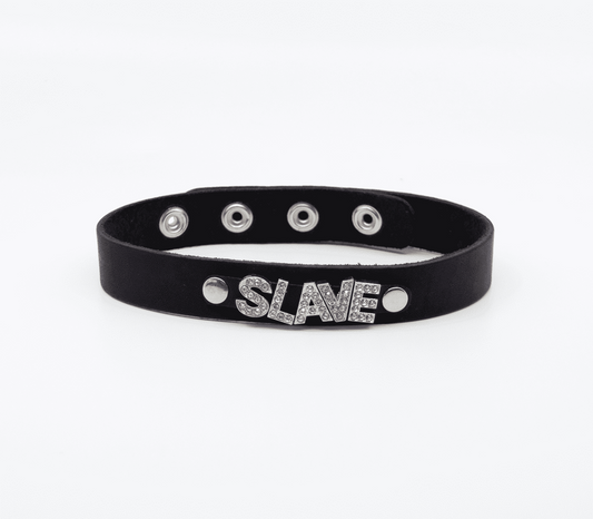 Love In Leather Diamante Slave Word BDSM Collar